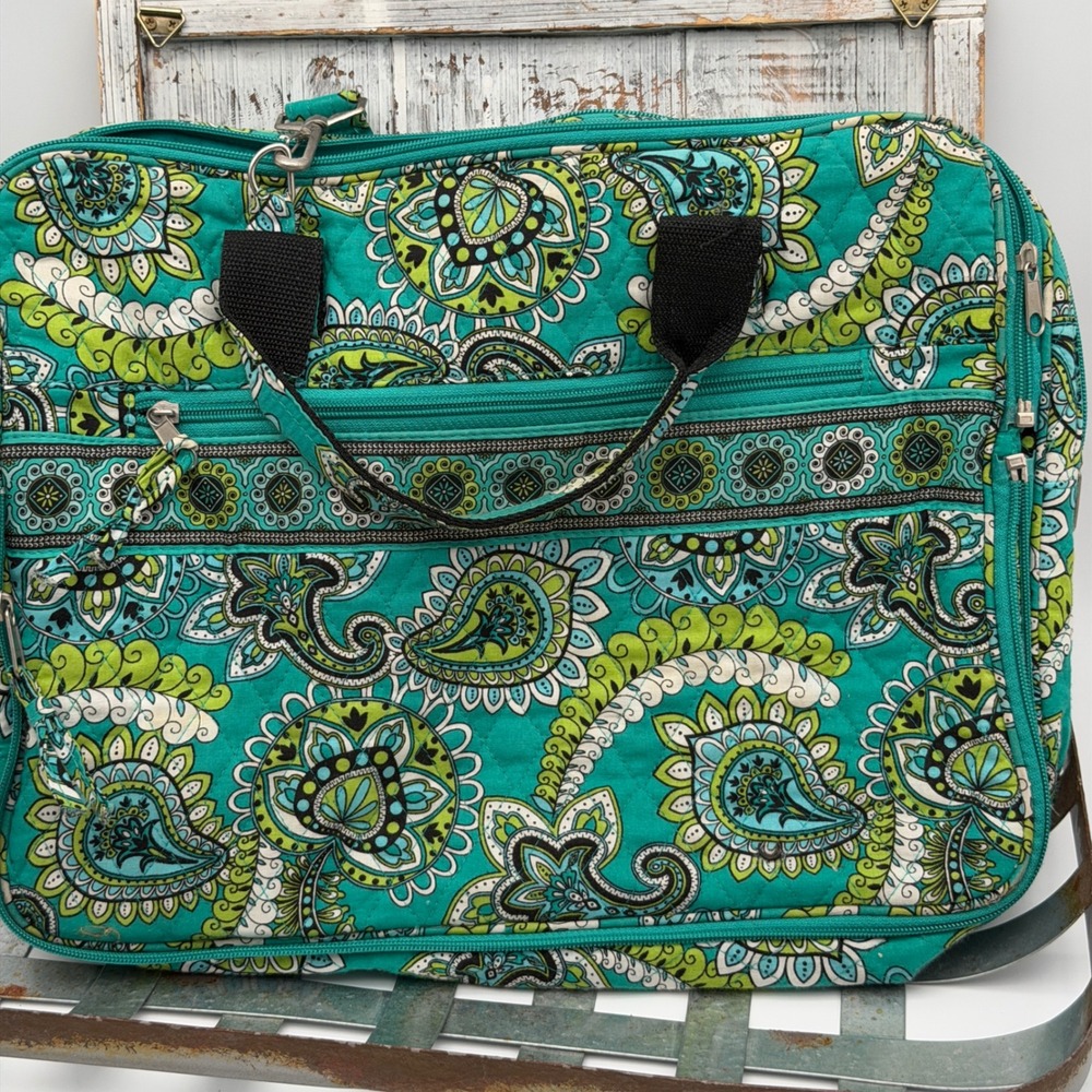 Vera Bradley Quilted Paisley Laptop Bag Briefcase Teal Green White‎ 14x11x4